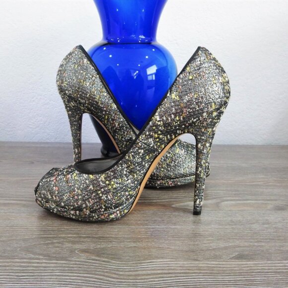 Near New Casadei Tweed Stiletto High Heels Peep Toe 9 Black Silver - Picture 6 of 16